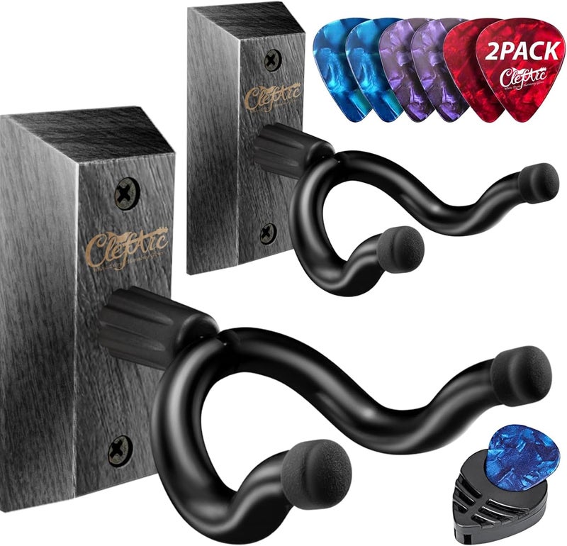 ClefArc Guitar Wall Mount - 2 Pack Black Guitar Wall Hangers, Guitar Picks, Pick Holder, Guitar Accessories, U-Shape Hardwood Guitar Hanger, Gifts for Guitarists, with 6 Assorted Guitar Picks - Image 1